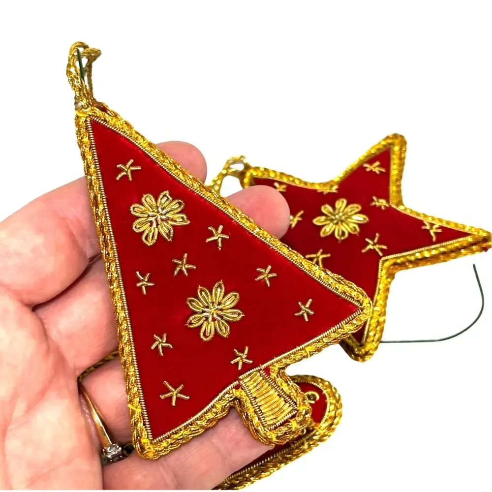 Vintage red cloth & gold cord ribbon trim Christmas tree ornaments handmade - Picture 6 of 7